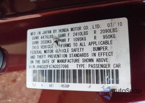 2010 Acura Tsx 2.4 from USA, damaged, VIN JH4CU2F67AC037098